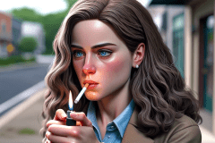 DALLA·E-2024-01-29-15.58.26-A-wide-image-of-Sarah-standing-outside-lighting-a-cigarette.-Sarah